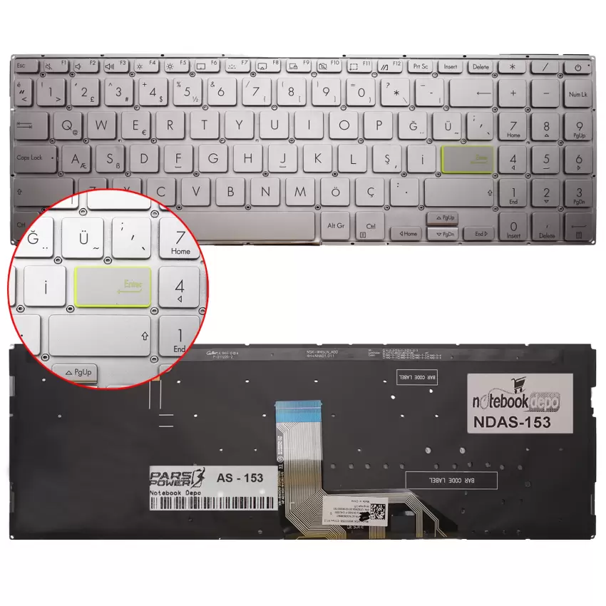 Asus Vivobook X513EP, X513EPN, X513EQ Klavye Işıklı (Gümüş TR)