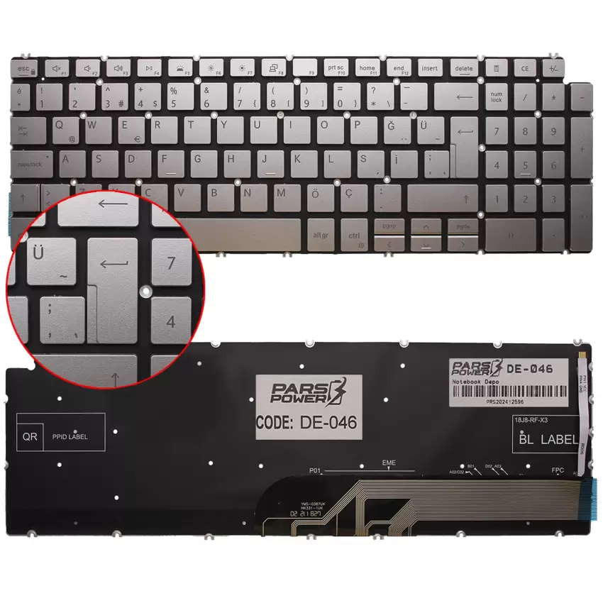 Dell Inspiron P85F, P85F001, P88F, P88F001 Klavye Işıklı (Gümüş TR)