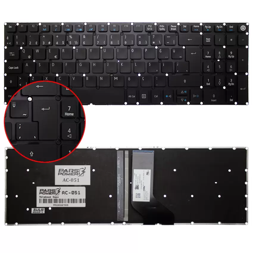 Acer Aspire ES1-732, F5-571G, F5-571T Notebook Klavye Işıklı (Siyah TR)