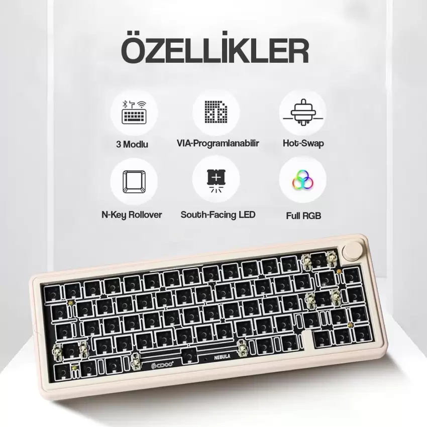 CIDOO ABM067 Nebula Programlanabilir Esports RGB Mekanik 3 Mode Kablosuz Klavye KİTİ (PEMBE)