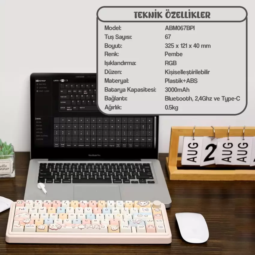 CIDOO ABM067 Nebula Programlanabilir Esports RGB Mekanik 3 Mode Kablosuz Klavye KİTİ (PEMBE)