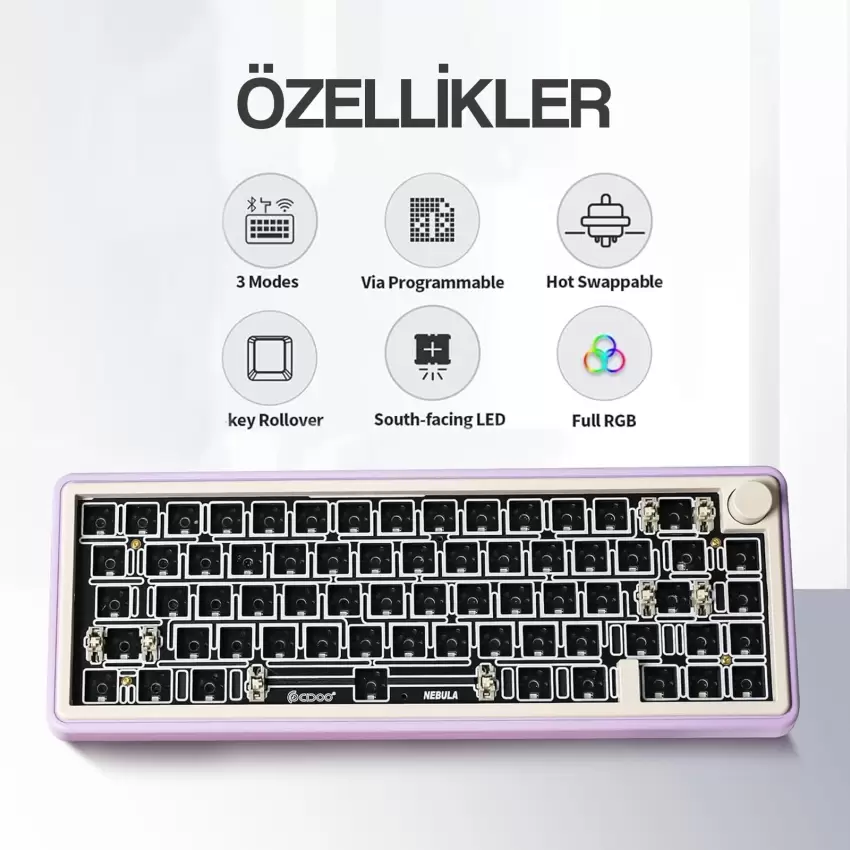 CIDOO ABM067 Nebula Programlanabilir Esports RGB Mekanik 3 Mode Kablosuz Klavye KİTİ (MOR)