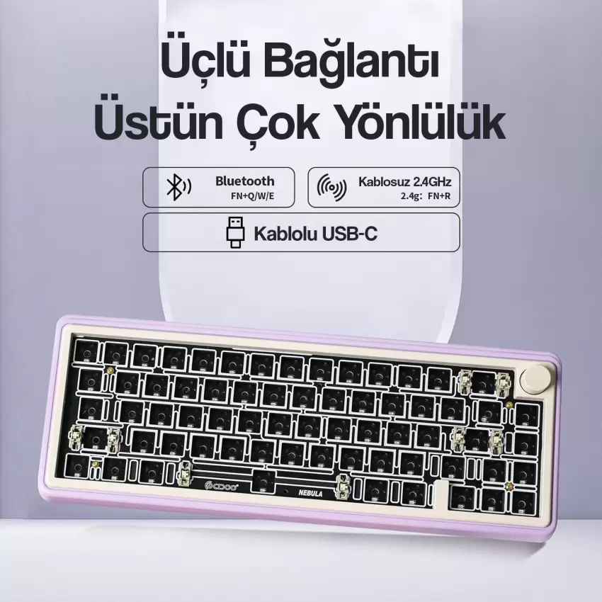 CIDOO ABM067 Nebula Programlanabilir Esports RGB Mekanik 3 Mode Kablosuz Klavye KİTİ (MOR)