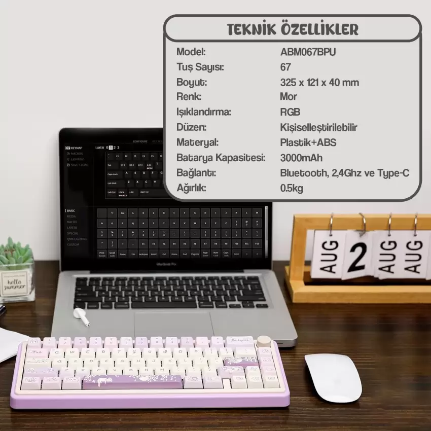 CIDOO ABM067 Nebula Programlanabilir Esports RGB Mekanik 3 Mode Kablosuz Klavye KİTİ (MOR)