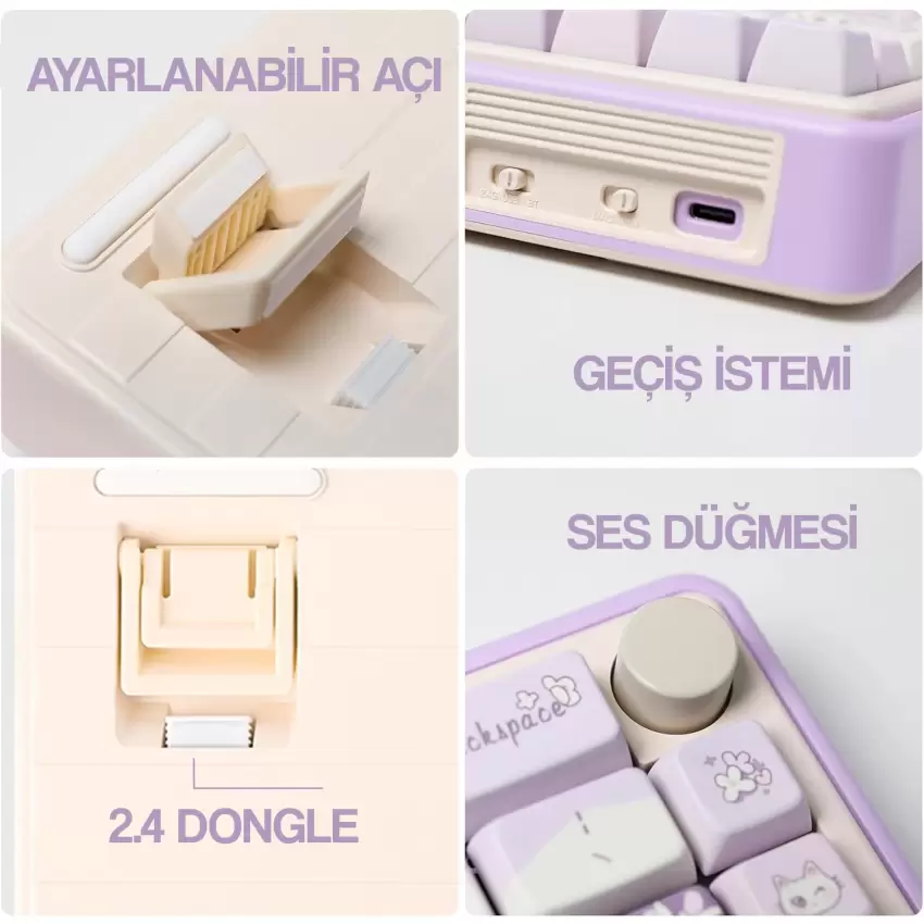 CIDOO ABM067 Nebula Programlanabilir Esports RGB Mekanik 3 Mode Kablosuz Klavye KİTİ (MOR)
