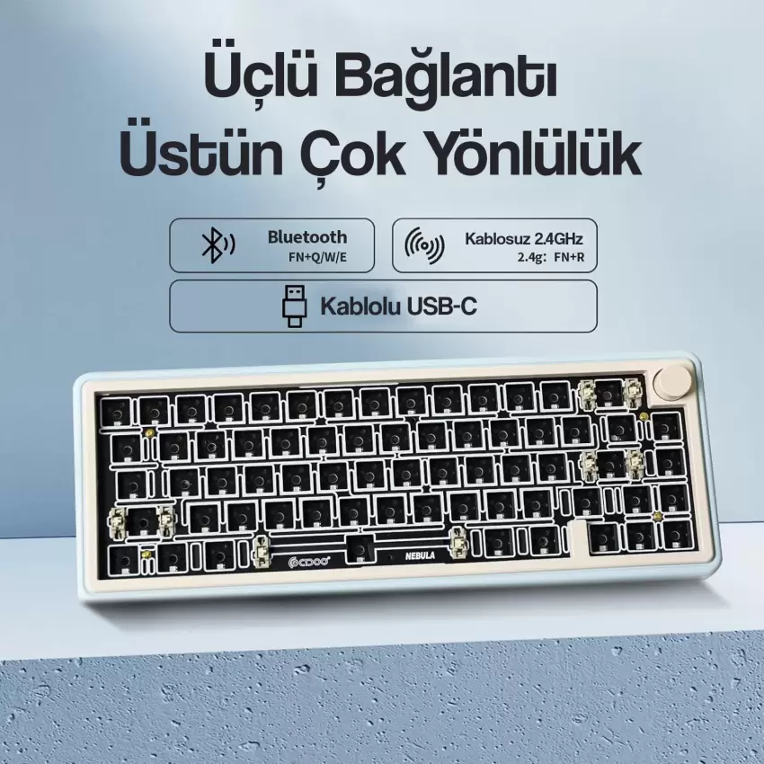CIDOO ABM067 Nebula Programlanabilir Esports RGB Mekanik 3 Mode Kablosuz Klavye KİTİ (MAVİ)