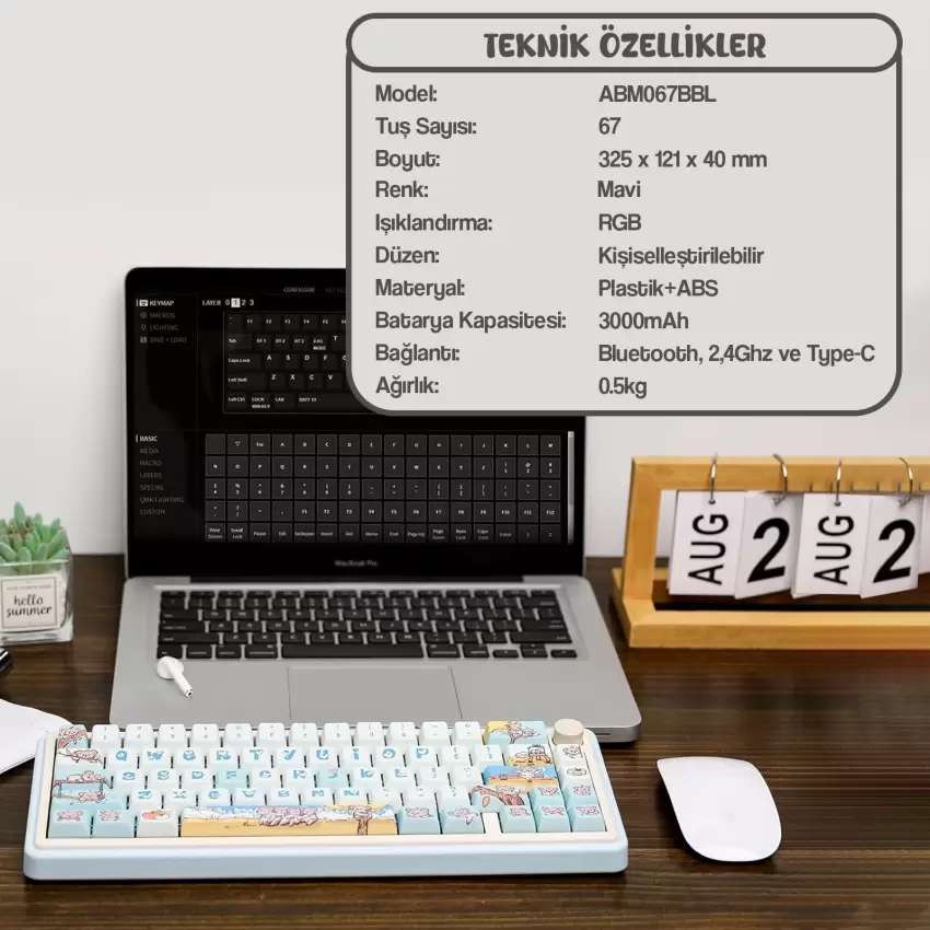 CIDOO ABM067 Nebula Programlanabilir Esports RGB Mekanik 3 Mode Kablosuz Klavye KİTİ (MAVİ)