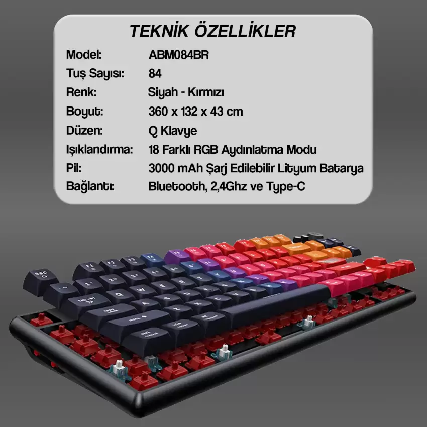 CIDOO ABM084 Esports RGB Mekanik 3 Mode Kablosuz Klavye (SİYAH KIRMIZI)