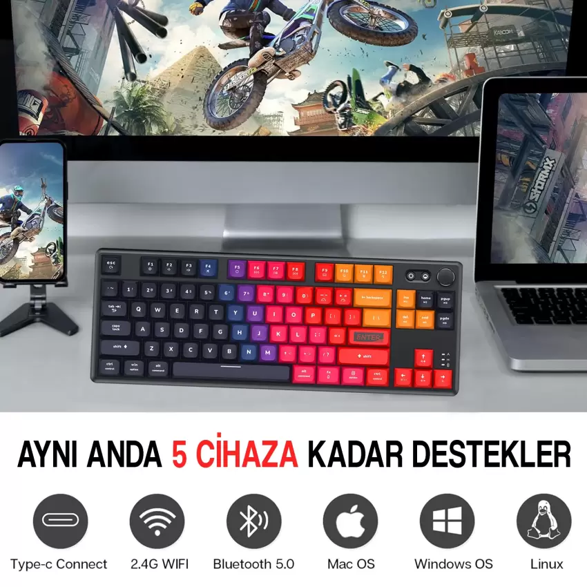 CIDOO ABM084 Esports RGB Mekanik 3 Mode Kablosuz Klavye (SİYAH KIRMIZI)