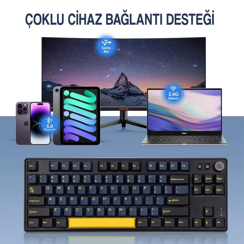 CIDOO ABM084 Esports RGB Mekanik 3 Mode Kablosuz Klavye (SARI SİYAH)