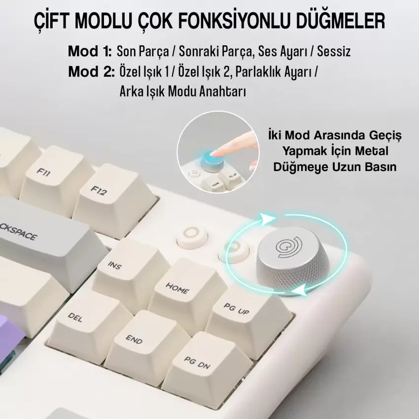 CIDOO ABM084 Esports RGB Mekanik 3 Mode Kablosuz Klavye (BEYAZ GRİ)