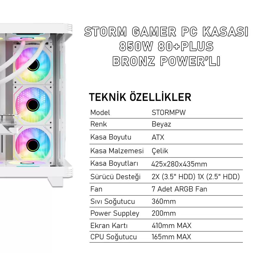 Gameagle Storm 7 Argb Fanlı Oyuncu Bilgisayar Kasası 850W 80+ Plus Bronz Powerlı (Beyaz)