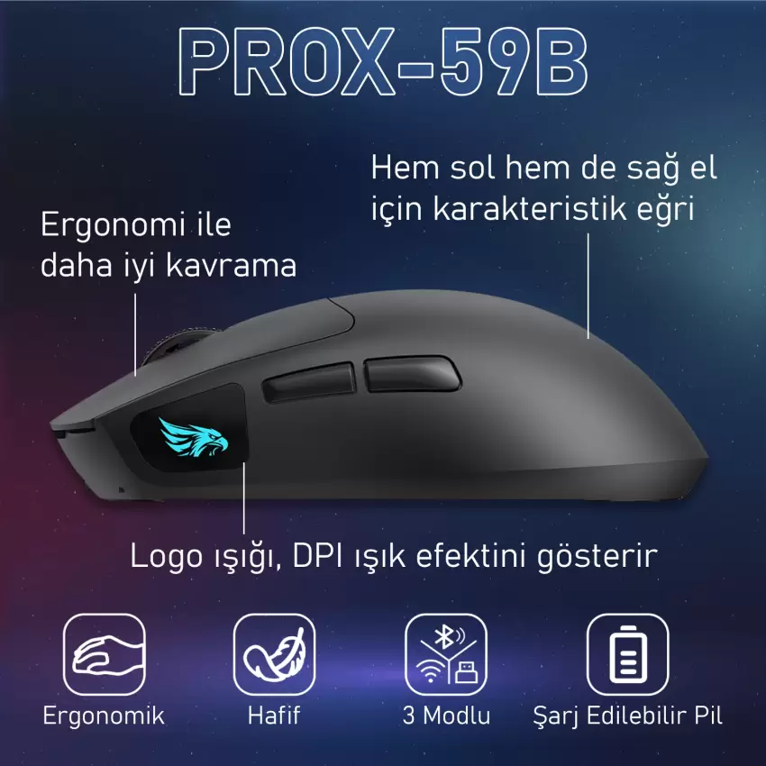 Gameagle PROX-59B Serisi Hafif Kablosuz 3 Mode Oyuncu Gaming Optik Mouse (Siyah)