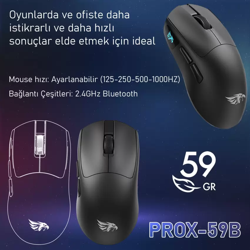 Gameagle PROX-59B Serisi Hafif Kablosuz 3 Mode Oyuncu Gaming Optik Mouse (Siyah)