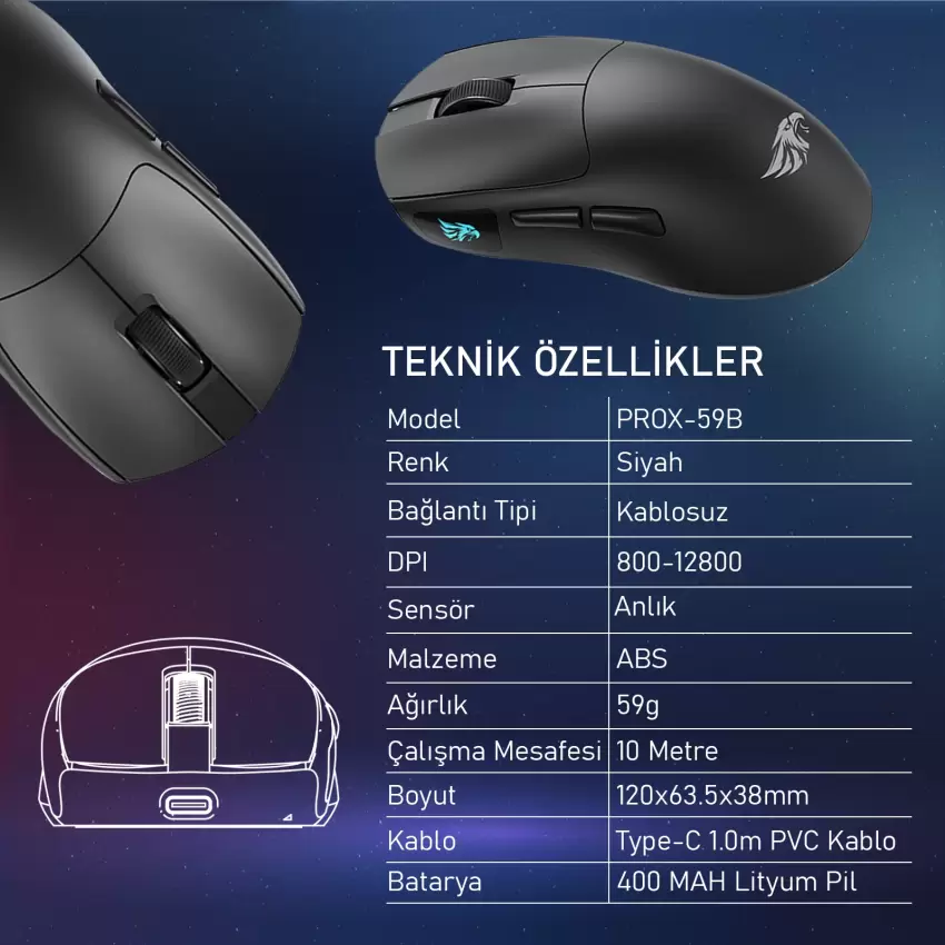 Gameagle PROX-59B Serisi Hafif Kablosuz 3 Mode Oyuncu Gaming Optik Mouse (Siyah)