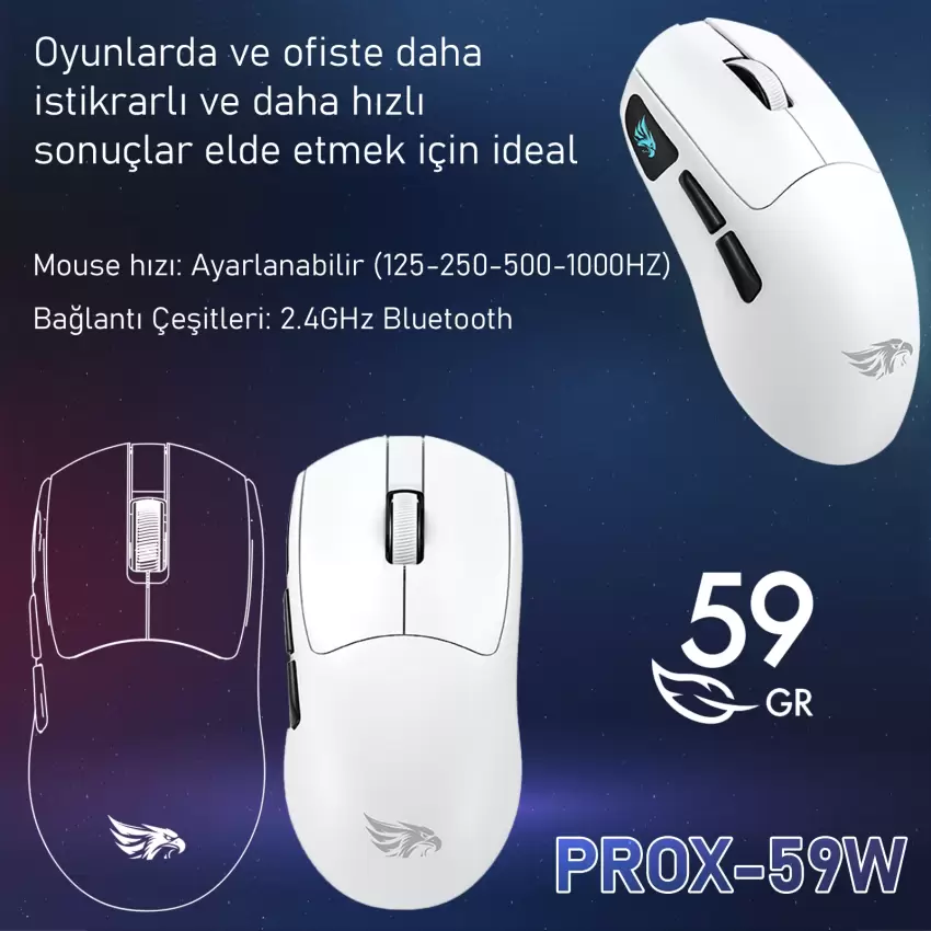 Gameagle PROX-59W Serisi Hafif Kablosuz 3 Mode Oyuncu Gaming Optik Mouse (Beyaz)