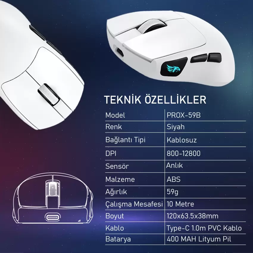 Gameagle PROX-59W Serisi Hafif Kablosuz 3 Mode Oyuncu Gaming Optik Mouse (Beyaz)