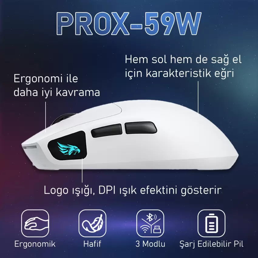 Gameagle PROX-59W Ultra Hafif Kablosuz 3 Mode Oyuncu Gaming Optik Mouse (Beyaz)