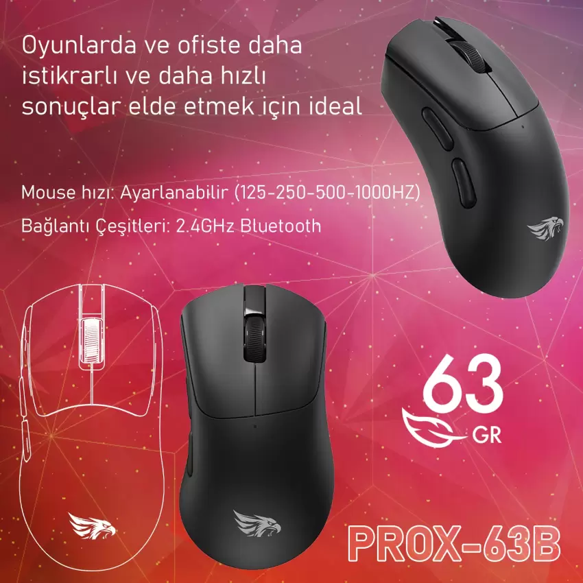 Gameagle PROX-63B Serisi Hafif Kablosuz 3 Mode Oyuncu Gaming Optik Mouse (Siyah)