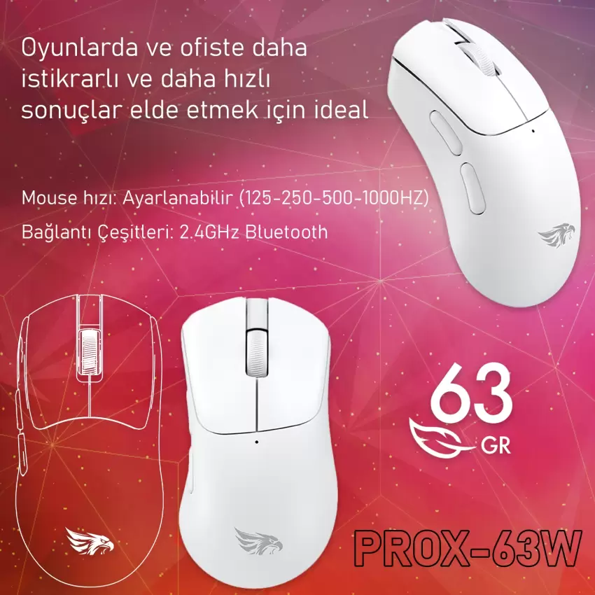 Gameagle PROX-63W Serisi Hafif Kablosuz 3 Mode Oyuncu Gaming Optik Mouse (Beyaz)