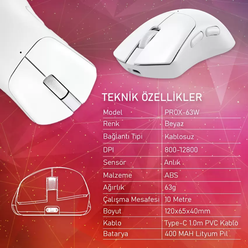 Gameagle PROX-63W Serisi Hafif Kablosuz 3 Mode Oyuncu Gaming Optik Mouse (Beyaz)