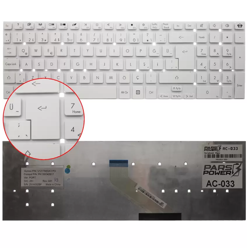 Acer Aspire E5-571-50JY, E5-571G-304Q Notebook Klavye (Beyaz TR)