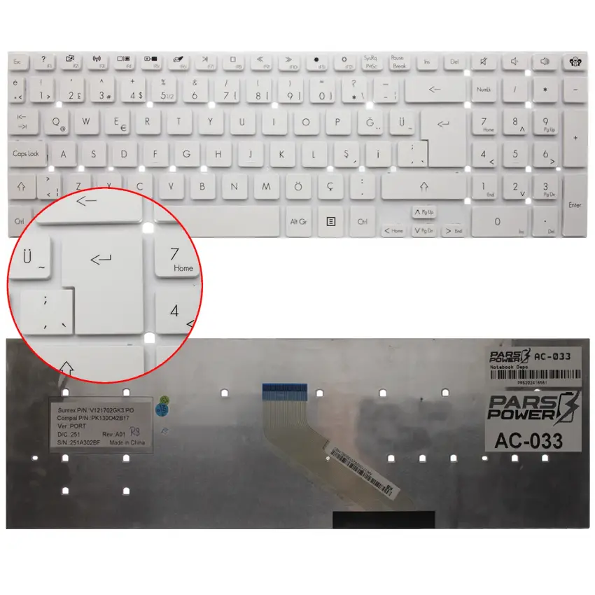 Acer Aspire V3-571-53216G75Makk Notebook Klavye (Beyaz TR)