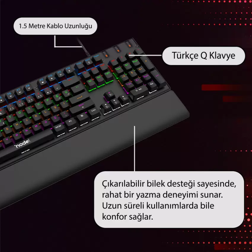 Node Game Nova ND-MK-104BB Mekanik Rainbow Işıklı Klavye Siyah (Blue Switch)