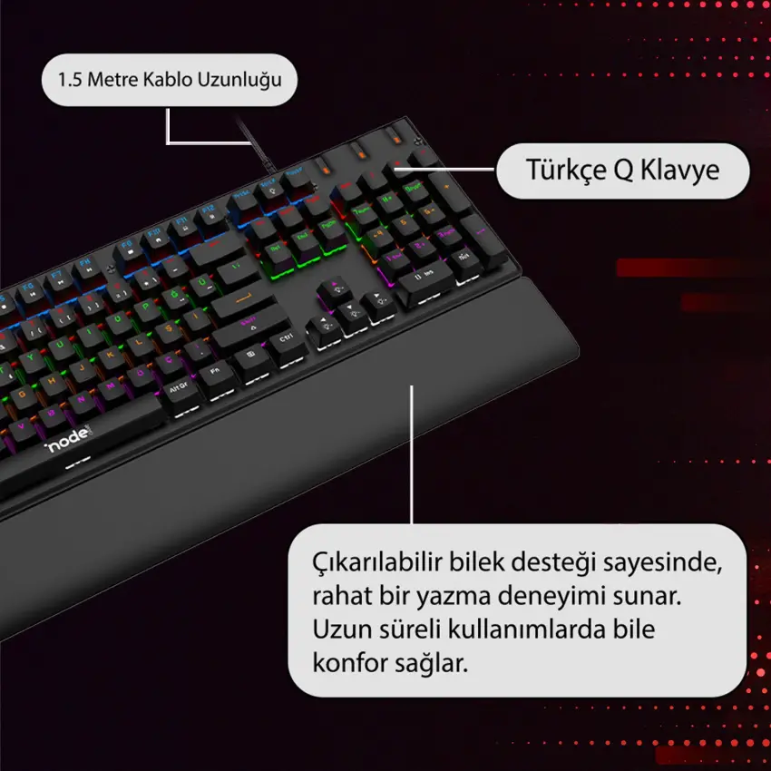 Node Game Nova ND-MK-104BR Oyuncu Gamer Gerçek Mekanik Rainbow Işıklı Klavye Türkçe Q Siyah(Red Switch)