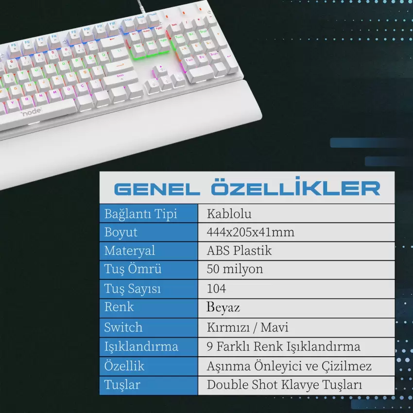 Node Game Nova ND-MK-104BR Rainbow Aydınlatmalı Oyuncu Gamer Gerçek Mekanik Işıklı Klavye Türkçe Q (Red Switch)