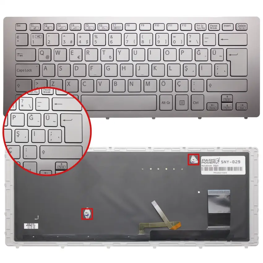 Sony Vaio SVF15N18PXB, SVF15N190X Klavye Işıklı (Gümüş TR)