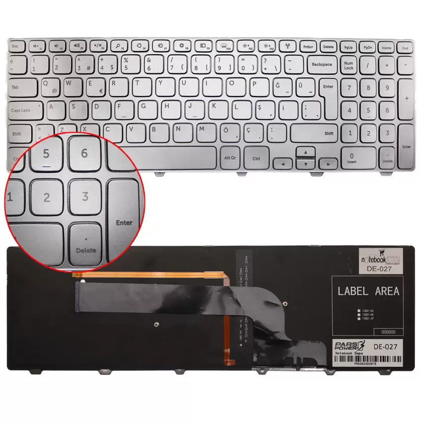 Dell Inspiron 15-7537, 15-7737 Klavye Işıklı (Gümüş TR)