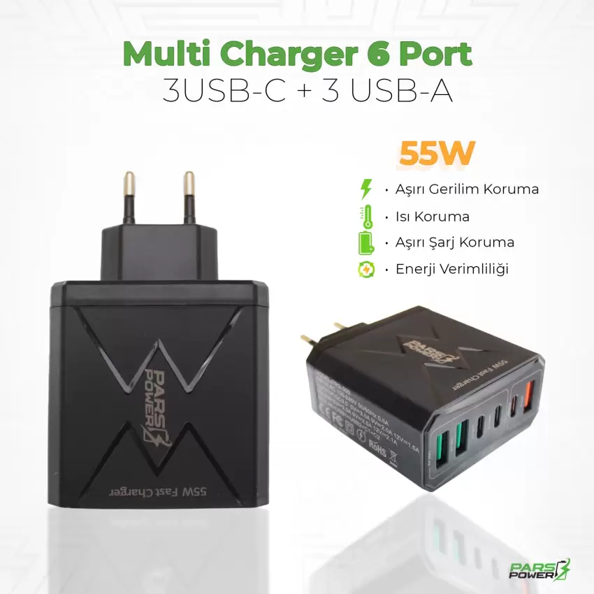 Pars Power PRS-300 55W Çoklu Hızlı Pd - Gan Adaptör Şarj Aleti-Cihazı