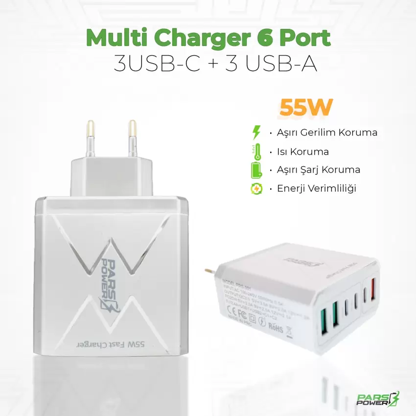 Pars Power PRS-301 55W Çoklu Hızlı Pd - Gan Adaptör Şarj Aleti-Cihazı