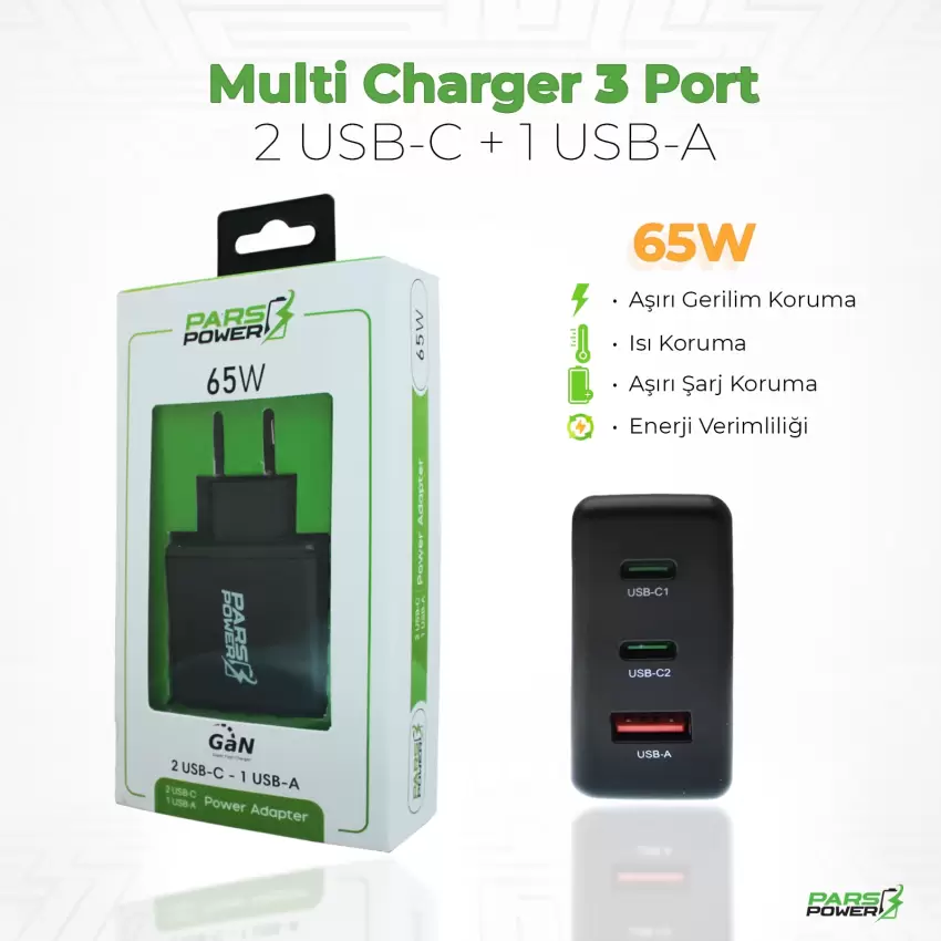 Pars Power PRS-302 65W Çoklu Hızlı Pd - Gan Adaptör Şarj Aleti-Cihazı