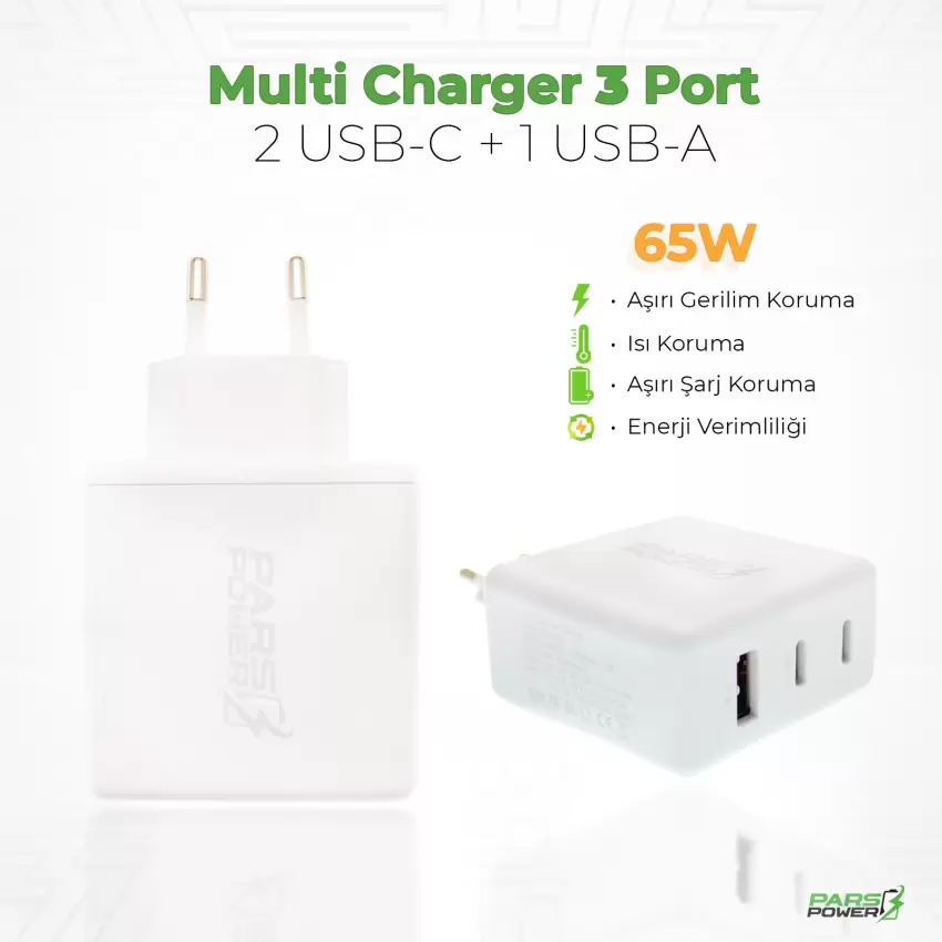 Pars Power PRS-303 65W Çoklu Hızlı Pd - Gan Adaptör Şarj Aleti-Cihazı