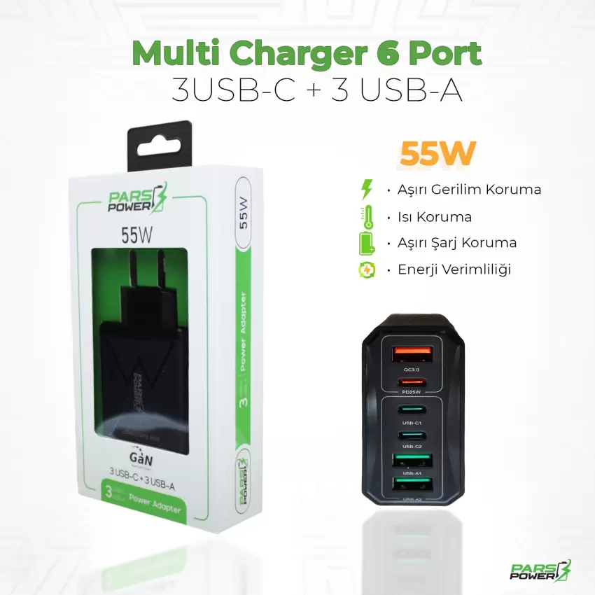 Pars Power 55W Çoklu Hızlı Pd - Gan Adaptör Şarj Aleti-Cihazı
