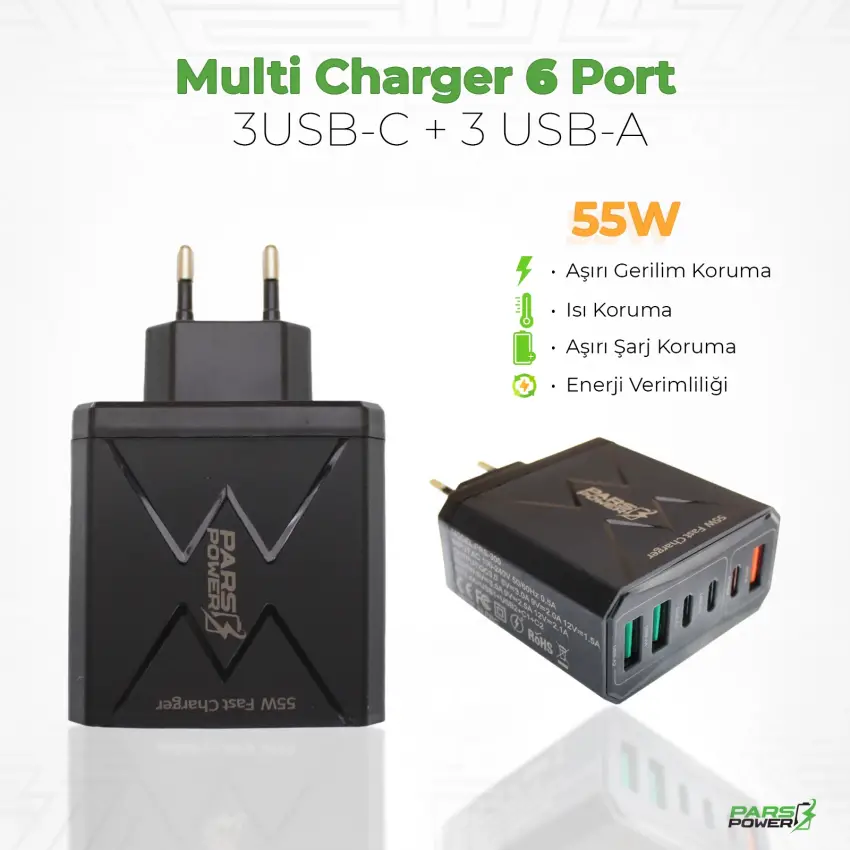 Pars Power 55W USB - TypeC Hızlı Pd - Gan Adaptör Şarj Aleti-Cihazı