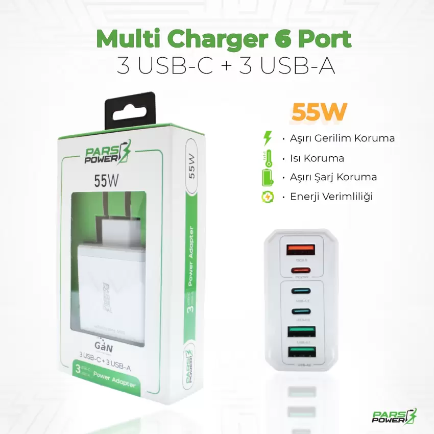 Pars Power 55W Çoklu Hızlı Pd - Gan Adaptör Şarj Aleti-Cihazı