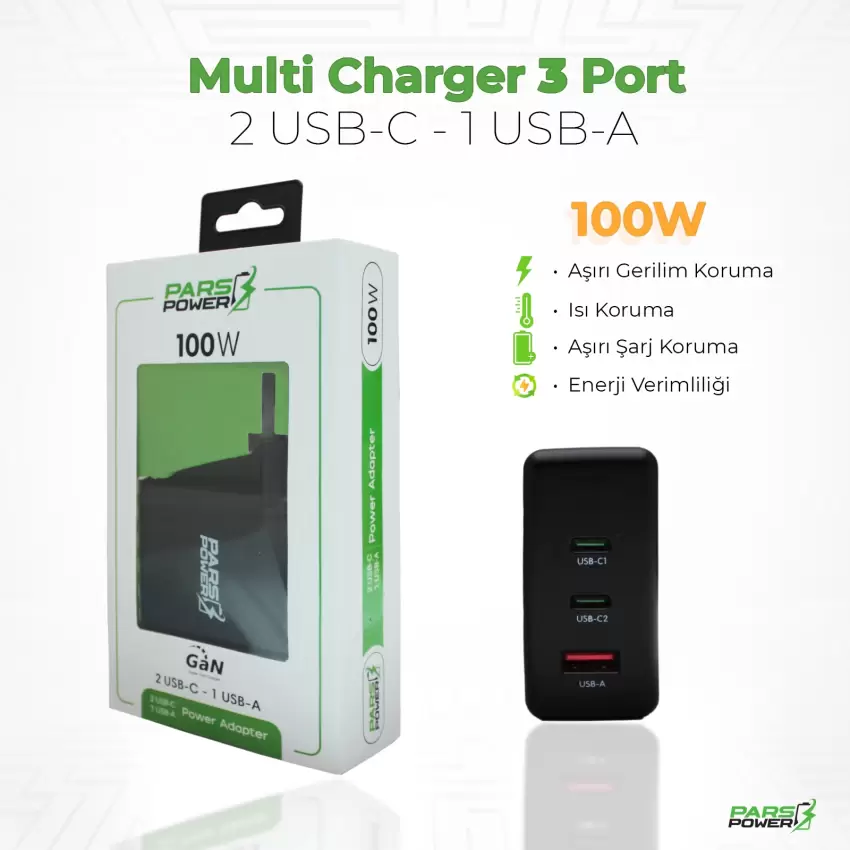 Pars Power 100W Çoklu Hızlı Pd - Gan Adaptör Şarj Aleti-Cihazı