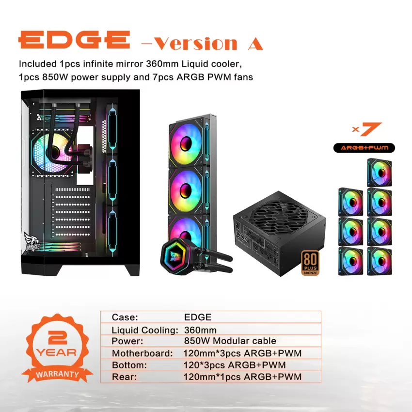Gameagle Edge 7 Argb Fanlı Oyuncu Bilgisayar Kasası 850W 80+ Plus Bronz Modüler Powerlı Sıvı Soğutmalı (Siyah)