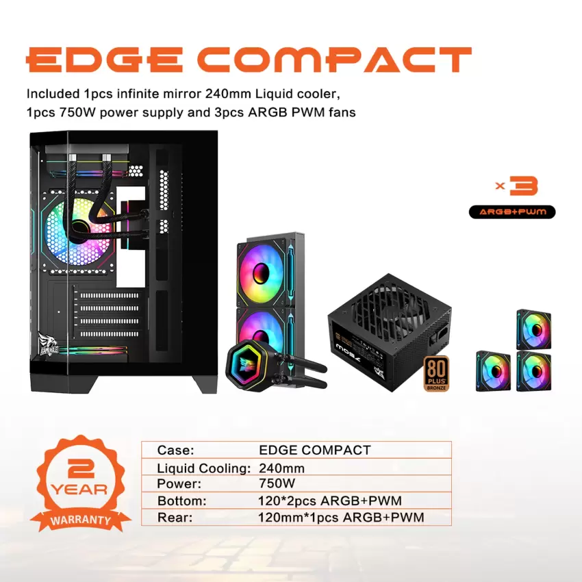 Gameagle Edge Compact 3 Argb Fanlı Oyuncu Pc Kasası 750W 80+ Plus Bronz Powerlı Sıvı Soğutmalı (Siyah)