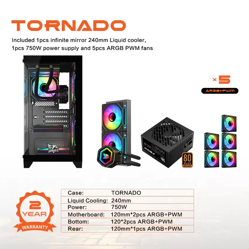 Gameagle Tornado 5 Argb Fanlı Oyuncu Pc Kasası 750W 80+ Plus Bronz Powerlı Sıvı Soğutmalı (Siyah)