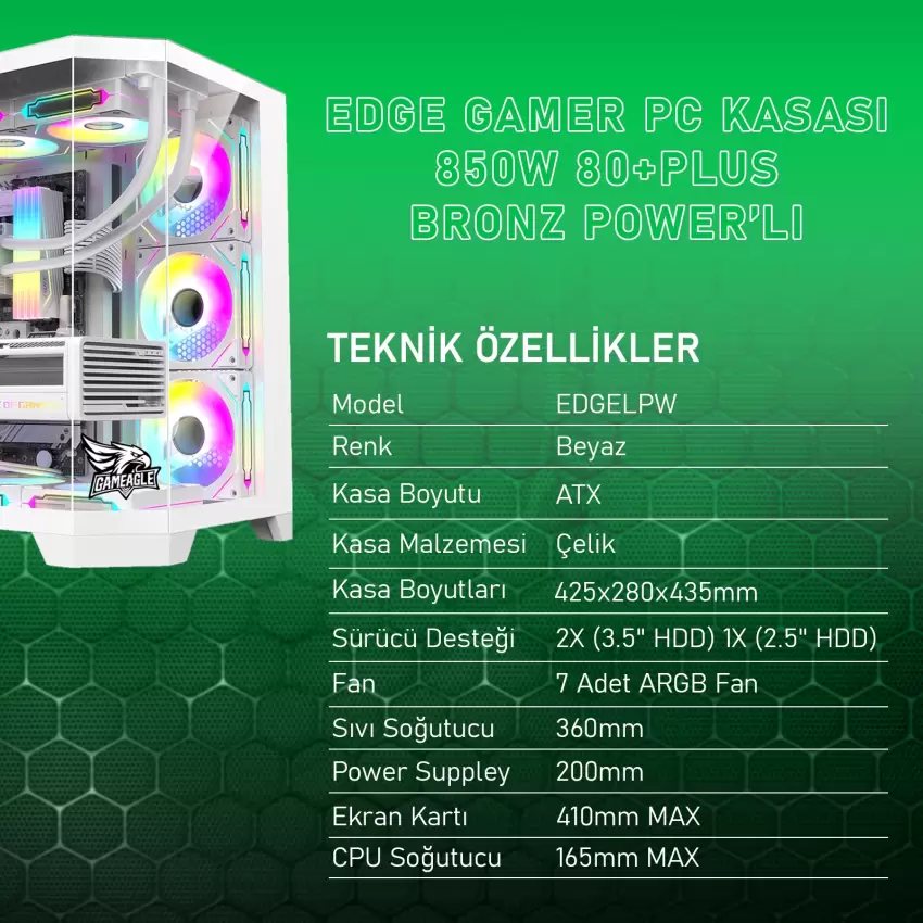 Gameagle Edge 7 Argb Fanlı Gamer Pc Kasası 850W 80+ Plus Bronz Modüler Powerlı (Beyaz)