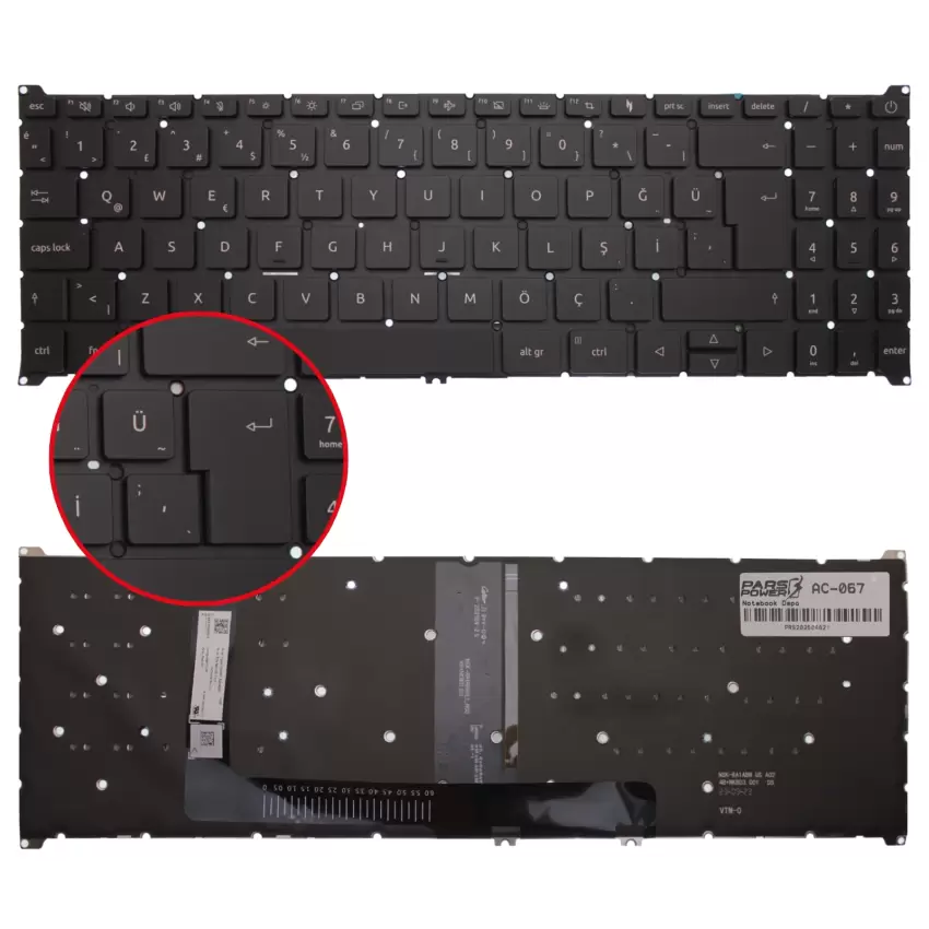 Acer Aspire 3 A315-510P-3905, A315-510P-3920 Klavye Işıklı (Siyah TR)