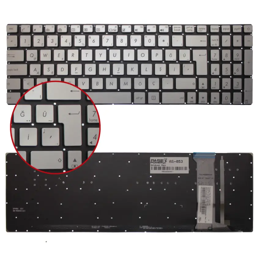 Asus R555, R555J, R555JB, R555JW Notebook Klavye Işıklı (Gümüş TR)