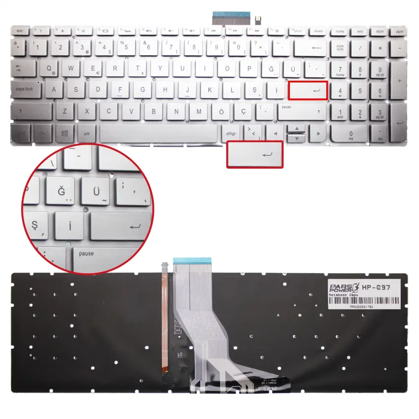 HP ENVY 17-r100nt, 17-n000nt, 17-n100nt Notebook Klavye Işıklı (Gümüş TR)