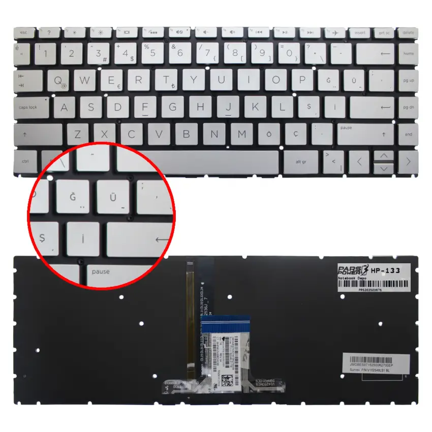 HP 14-cf1018nt 8BW26EA, 14-cm0607nt 7GP60EA Klavye Işıklı (Gümüş TR)