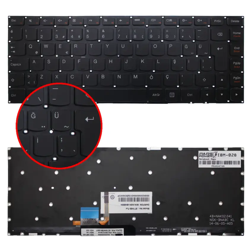 Lenovo E31-70, E3170, 80KX, E31-80, E3180, 80MX, 700-14ISK, 80QD Notebook Klavye Işıklı (Siyah TR)