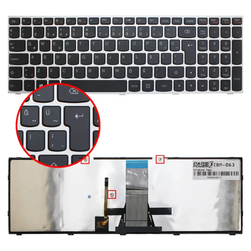 Lenovo 305-15IBY Type 20598, 80NK Notebook Klavye Işıklı (Gümüş TR)